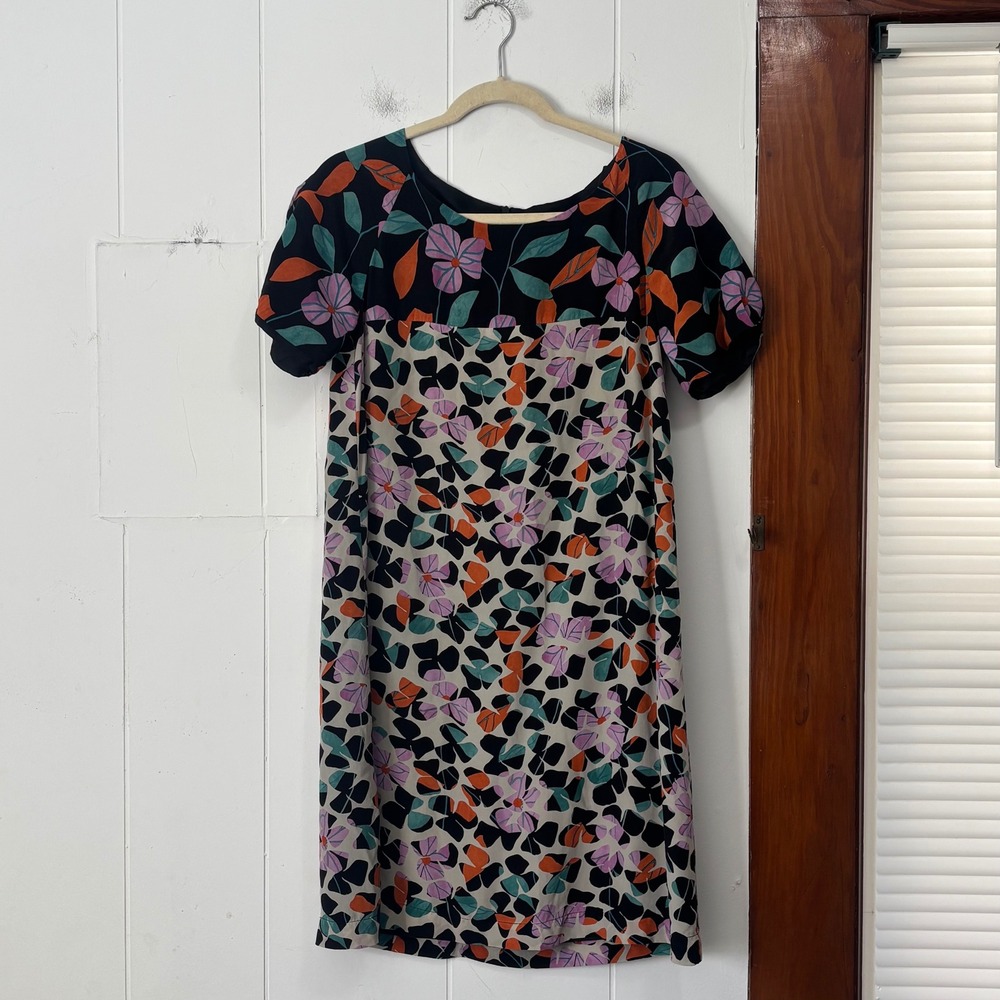 Noa Noa Womens 100% Silk Floral Shift Dress‎ Short Sleeve Multicolor Mini Small